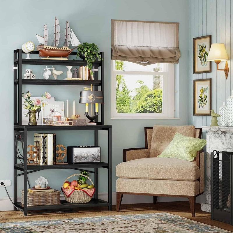 Denkee Large Bakers Rack with Power Outlets, 38 Inch Microwave Stand with Storage, 5-Tier Coffee Bar Stand, Industrial Kitchen Shelf Rack, Charcoal Black - Image 2